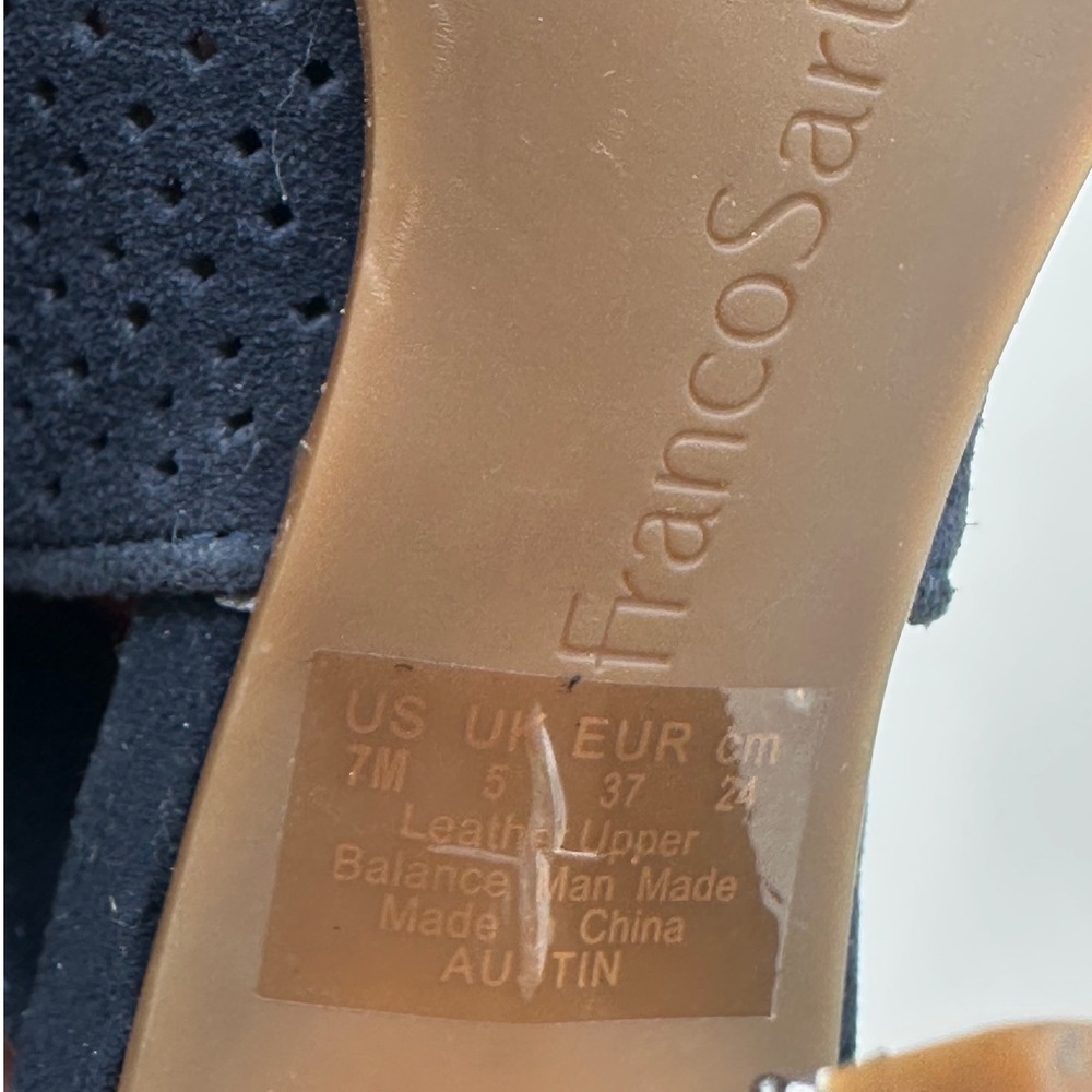 FRANCO SARTO Austin Navy Blue Suede Perforated Lug High Heel Slingback Sandals 7 - Picture 12 of 13